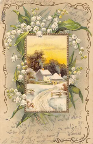 Geprägte Winterlandschaft Passepartout Maiglöckchen Vintage Postkarte