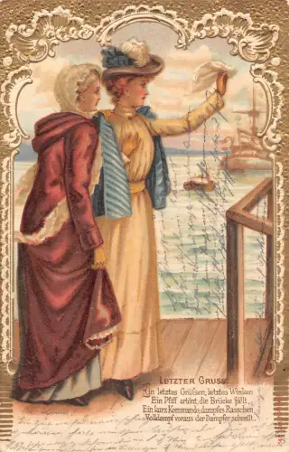 Geprägtes Dampfschiff abfahrende Frau winkt Taschentuch Vintage Postkarte