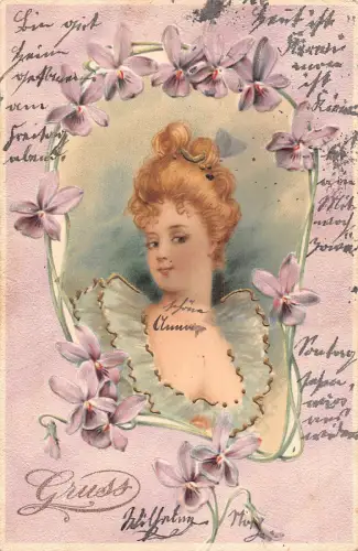 Grüße 1903 Kunst Frau Portrait Passepartout Veilchen Rahmen Vintage Postkarte