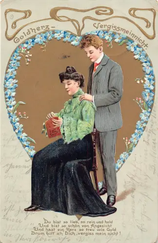 Vergissmeinnicht Blumen Paar Frau Nähen Goldenes Herz Gedicht 1908 Postkarte