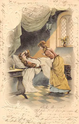 Kunst Frau kümmert sich um kranken Ehemann Sonnenschein durch Fenster Litho Vintage Postkarte