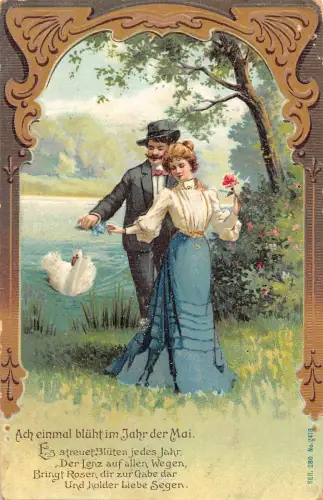 Geprägtes 1907 Paar Rose Blume Schwan auf See Gedicht Vintage Postkarte