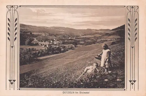 Deutschland Detzeln im Steinatal Kinder Blumenfeld Vintage Postkarte