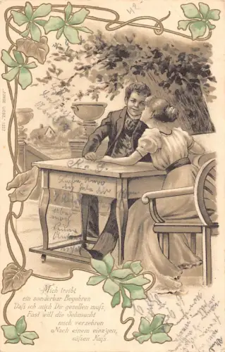Liebesromantik 1903 grüne Blumen Paar diskutiert am Tisch Gedicht Postkarte