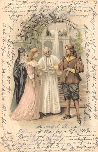 Hochzeit im Kloster Paar Mönch und Nonne Kunst Litho Vintage Postkarte