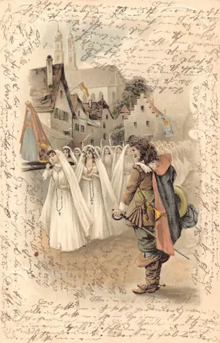 Kunst Musketier beobachtet Menge Nonnen vorbei Gottesdienst Litho Postkarte