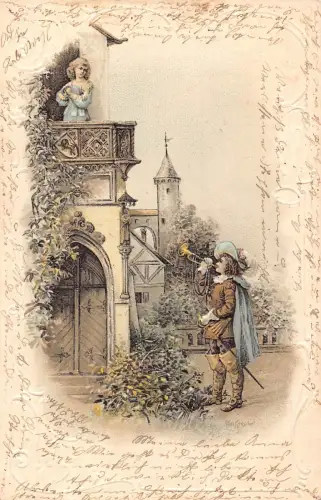 Kunst Musketier spielt Trompete für Dame im Balkon Litho Vintage Postkarte