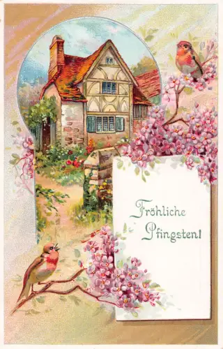 Pfingstgrüße Liliac Blumen Vögel Haus Landschaft geprägte Postkarte