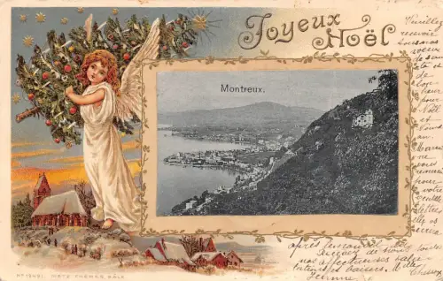 L174 Suisse Montreux 1901 Grüße Weihnachten Engel Baum Prägepostkarte