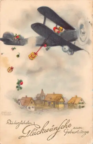 L004 Deutschland 1933 Fantasy Flugzeug Abwurf Geschenke Geburtstag Postkarte