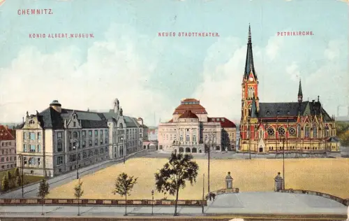 A060 Deutschland 1910 Chemnitz König Albert Museum Neues Theater Kirche Postkarte