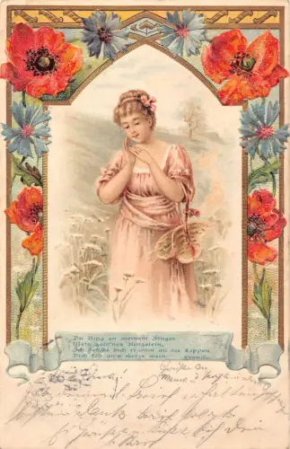 Frau im Blumenfeld Tag träumt Mohn und Veilchen 1905 geprägte Postkarte