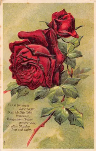 Rote Rosen Blumenzweig Liebesgedicht geprägte Postkarte