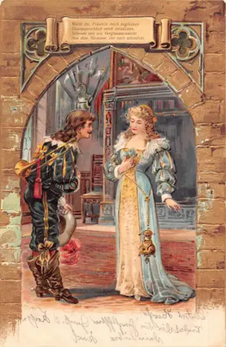 Mittelalter Szene Mann flirtet mit eleganter Dame Trompete geprägte Postkarte