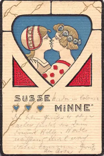 Jugendstil 1901 Paar küsst Blumen goldene Details geprägt Vintage Postkarte