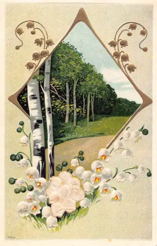 Passepartout Birkenlandschaft Maiglöckchen Prägepostkarte