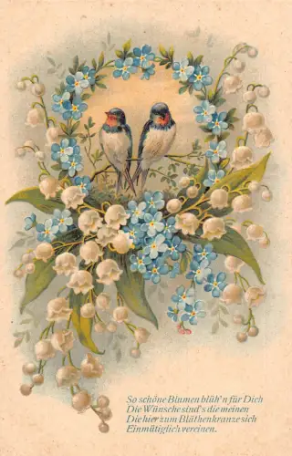 Romantik Gedicht Schwalbenvögel Vergissmeinnicht Maiglöckchen geprägte Postkarte