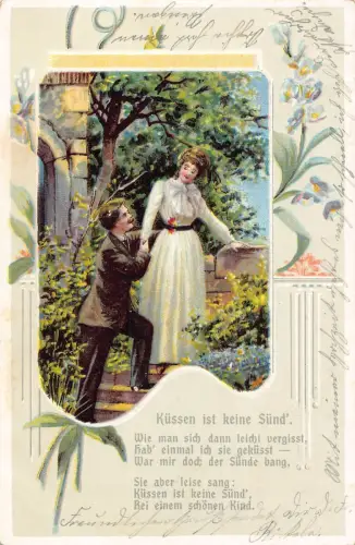 Liebesgedicht 1906 Passepartout Paar auf Treppe Blumen Prägepostkarte