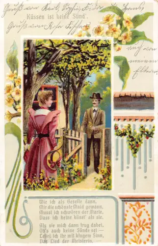 Liebesgedicht 1906 Blumen Mann zu Besuch elegante Frau geprägte Postkarte