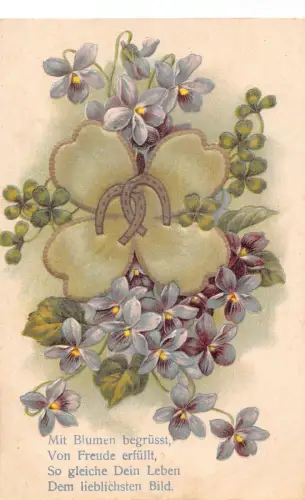 Freundschaft Grüße Veilchen Kleeblatt Hufeisen geprägte Postkarte