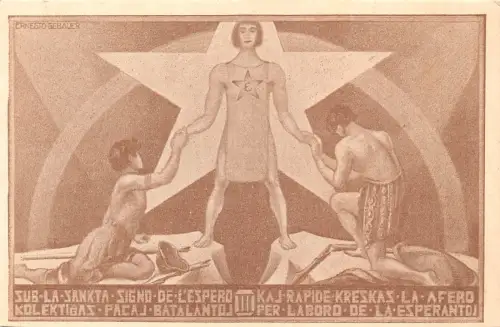 Esperanto Zamenhof 1925 Stern Männer halten Händchen Kunst signiert Ernesto Gebauer Postkarte