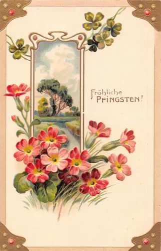 Pfingstprimel rosa Blumen Passepartout Landschaft geprägte Postkarte