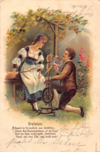 Frau dreht Whool Mann in Knien bietet Rosenstrauß 1905 geprägte Postkarte