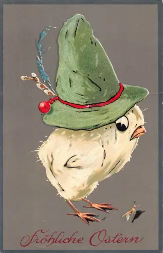 L405 Ostergrüße 1927 Humanisiertes Küken ausgefallener Hut Fliege Vintage Postkarte