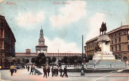 A063 Italien 1910 Milano Mailand Piazza Cairoli Statue Vintage Postkarte
