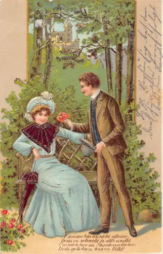 Mann bietet Dame eine Blume auf Bank Schloss 1904 geprägte Postkarte