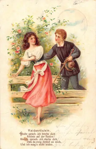 Junge jagt Mädchen in der Nähe von Rosen Busch Gedicht Liebe Romantik geprägte Postkarte