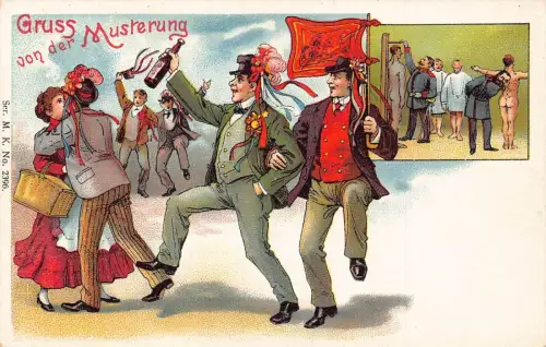 L002 Deutschland 1900 Gruss von der Musterung Humor Militär Litho Postkarte