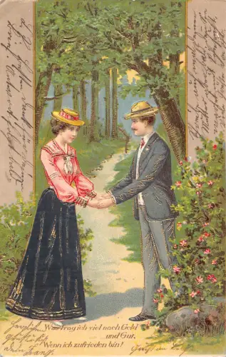 Paar Händchen haltend im Wald 1904 geprägte Postkarte