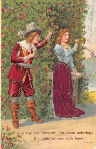 Paar im Garten Dating Musikinstrument Trompete geprägte Postkarte