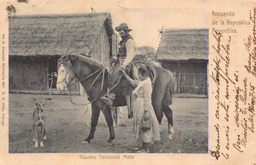 A878 Recuerdo de Argentina 1903 Gaucho Tomando Mate Paar Windhund Postkarte
