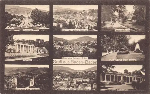 L317 Deutschland 1928 Gruss aus Baden-Baden Schloss Solms Trinkhalle Park Postkarte