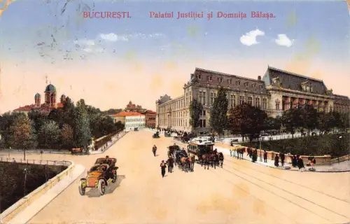Rumänien 1916 Bukarest Bucuresti Palatul Justitiei Domnita Balasa Straßenbahn Postkarte