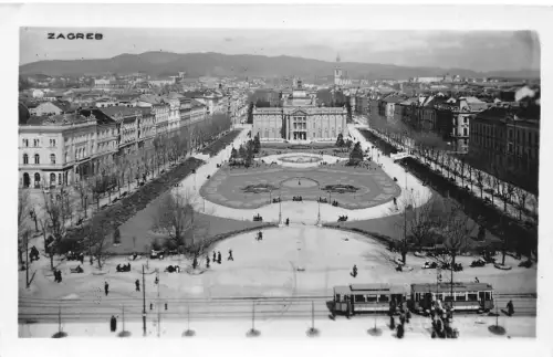 Kroatien 1933 König Tomislav Platz in Zagreb Straßenbahn Vintage Postkarte