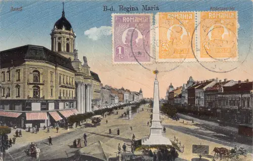Rumänien 1927 Arad Bulevardul Regina Maria Straße Säulenwagen Postkarte