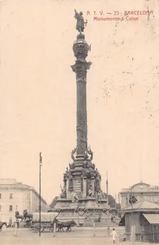 A059 Spanien 1913 Barcelona Monumento a Colon Monument Säulenkutschen Postkarte