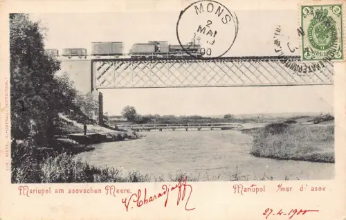 L325 Ukraine Russland 1900 Mariupol Zug über Eisenbahn Asow See Brücke Postkarte