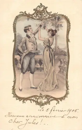 Passepartout Liebe Romantik Paar pflückt Trauben Weinberg Postkarte B917