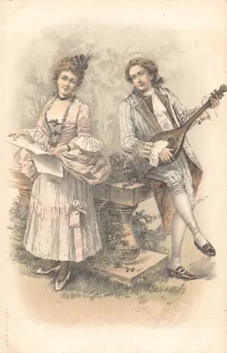 Liebesromantik edles Paar Mandoline Spielerin Dame Vintage Postkarte B917