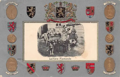 Belgien 1907 Flämische Milchmädchen Verkäufer Hund Wagen Wappen Prägung Postkarte B913