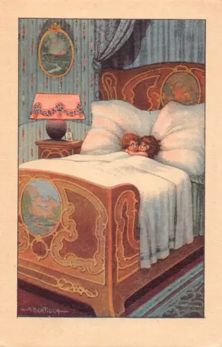 Kinder zwei Mädchen im riesigen Bett Kunst von Aurelio Bertiglia Postkarte B917