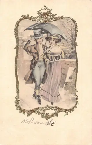 Passepartout Liebesromantik 1905 Paar unter Regenschirm Schnee Postkarte B917