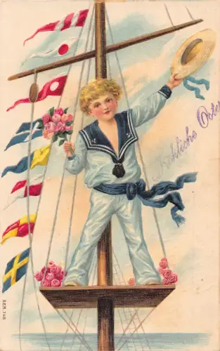 L404 Ostergrüße 1908 Junge Matrose Fahnen Blumen Rosen Vintage Postkarte
