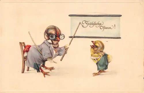 L404 Ostergrüße Humanisiertes Huhn Professor und Student Vintage Postkarte