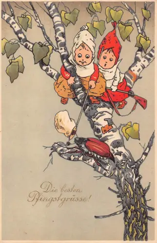 L404 Pfingstgrüße Kinder Kakerlake Maikäfer Vintage Postkarte