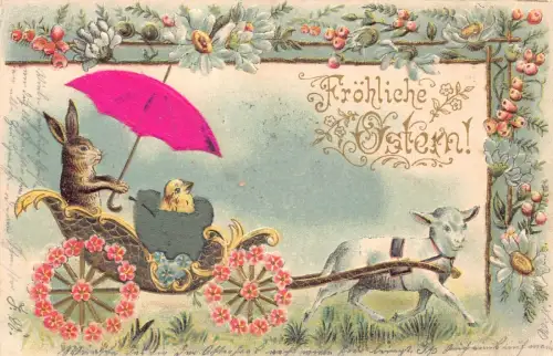 L404 Ostergrüße 1902 Humanisierter Hase Seidenschirm Küken Lamm Postkarte